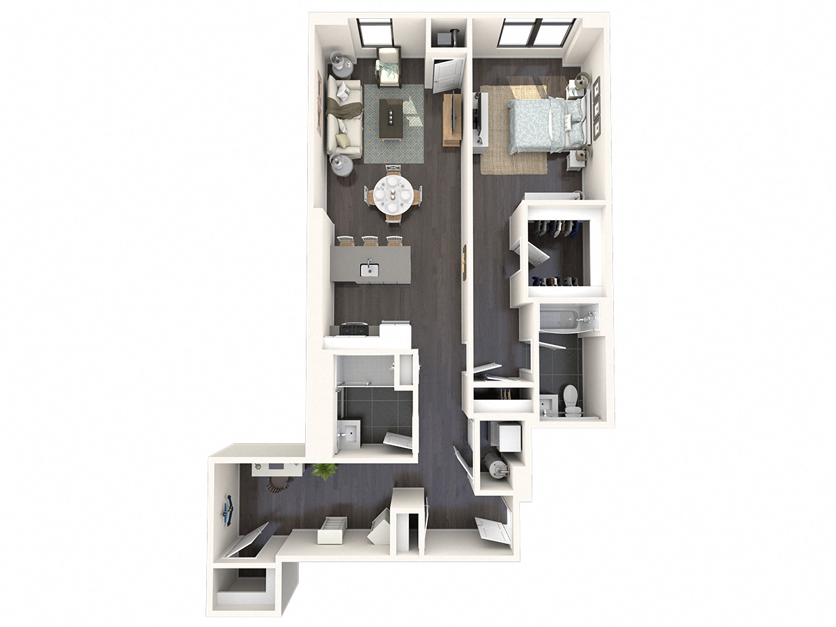 Floor plan for 1 bed, 1.5 baths, 1140 sqft